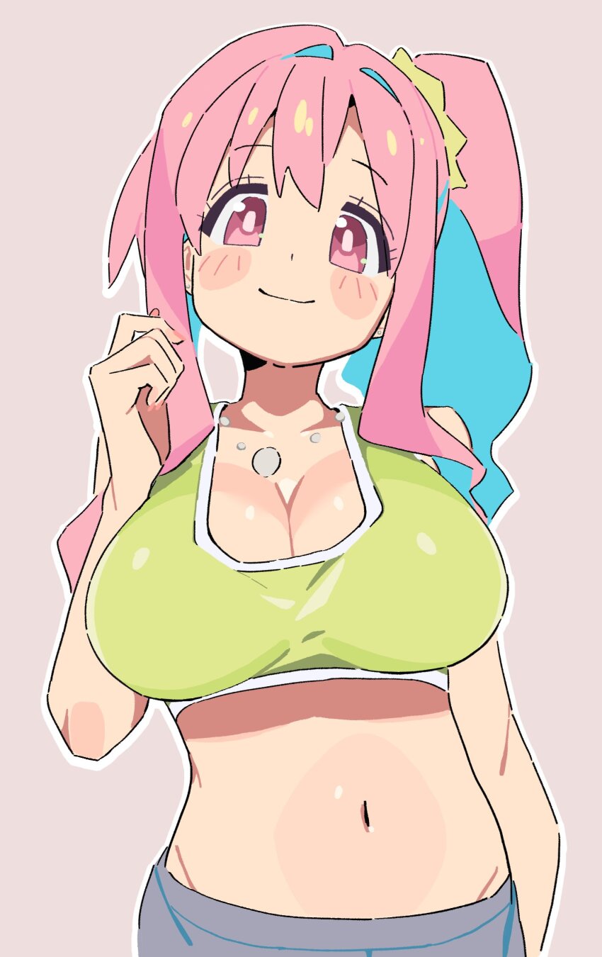 1girl blue_hair blush_stickers breasts breasts_day cleavage commentary cowboy_shot crop_top dot_nose good_breasts_day grey_background hair_between_eyes hair_intakes hand_up highres hozuki_kaede jewelry large_breasts long_hair looking_at_viewer midriff multicolored_hair navel necklace noyama_takenoko onii-chan_wa_oshimai! outline pink_eyes pink_hair side_ponytail sidelocks simple_background smile solo two-tone_hair white_outline