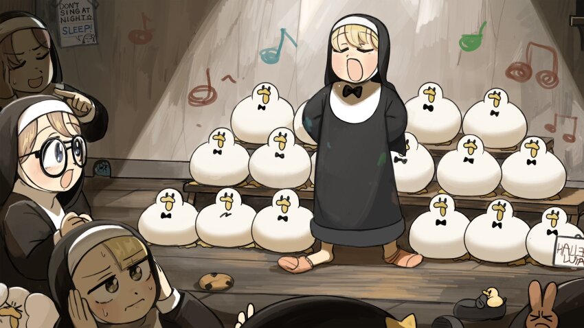 6+girls :o aged_down beamed_eighth_notes bird black_footwear blonde_hair blue_eyes brown_hair bunny_nun_(diva) chicken chocolate_chip_cookie closed_eyes clumsy_nun_(diva) commentary cookie covering_own_ears diva_(hyxpk) duck eighth_note english_commentary food glasses glasses_nun_(diva) habit highres hungry_nun_(diva) little_nuns_(diva) multiple_girls music musical_note nun pink_socks quarter_note rabbit_ornament round_eyewear singing socks spicy_nun_(diva) star_nun_(diva) star_ornament traditional_nun unworn_footwear yellow_eyes
