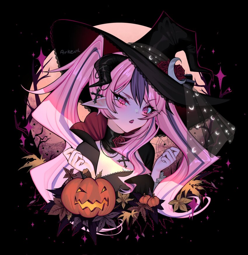 1girl ark_evil02 black_choker black_dress black_hat choker cross cross_necklace demon_girl demon_horns dress glowing glowing_eyes hat highres horns ironmouse ironmouse_(witch) jack-o&#039;-lantern jewelry looking_at_viewer multicolored_hair necklace open_mouth pink_eyes pink_hair pointy_ears purple_hair solo streaked_hair twintails virtual_youtuber vshojo witch_hat