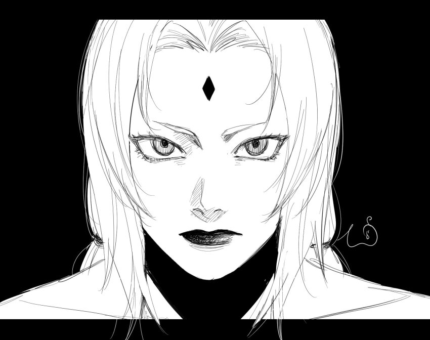 1girl bare_shoulders collarbone commentary_request expressionless facial_mark forehead forehead_mark highres letterboxed low_twintails may_c monochrome naruto_(series) portrait signature sketch solo tsunade_(naruto) twintails