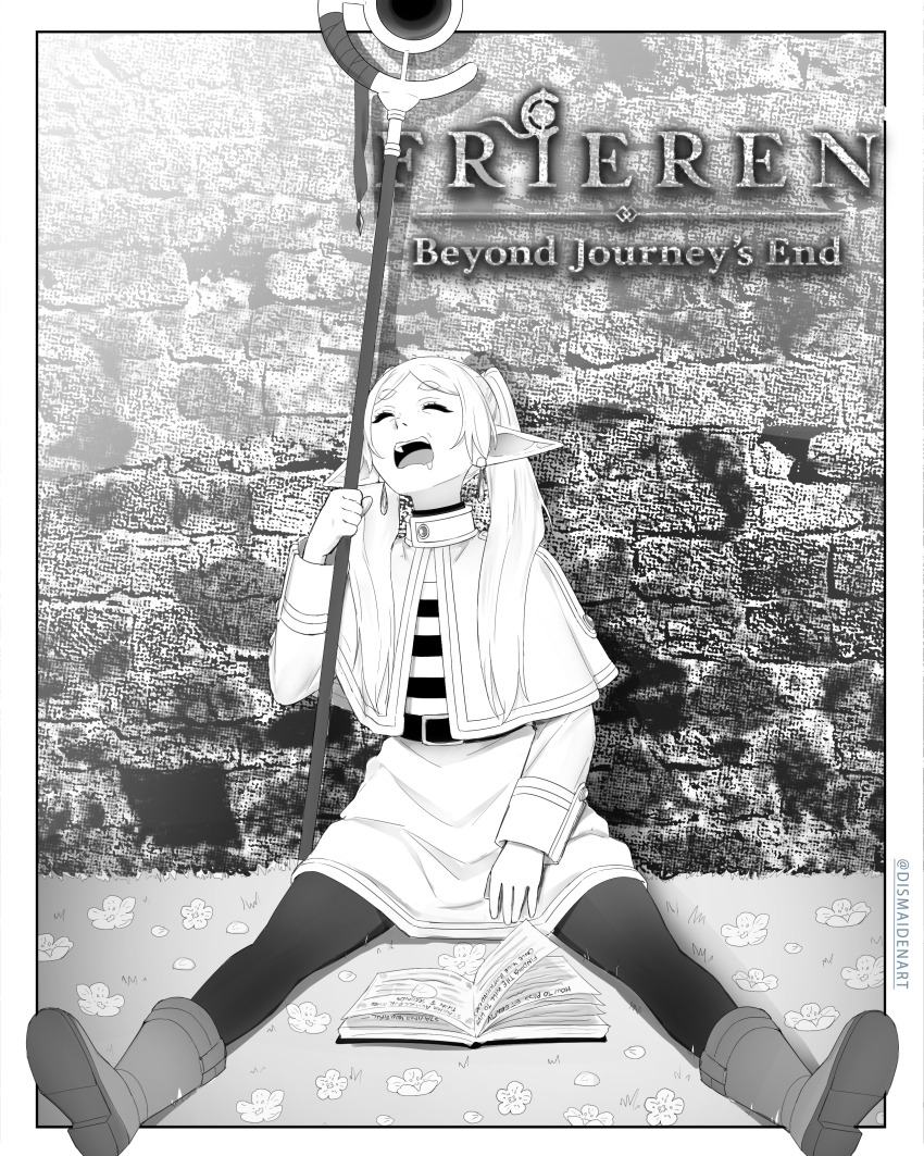 1girl absurdres boots capelet closed_eyes copyright_name dismaiden elf frieren greyscale highres holding holding_staff long_hair mage_staff monochrome open_mouth pantyhose pointy_ears shirt skirt sleeping solo sousou_no_frieren staff striped_clothes striped_shirt twintails