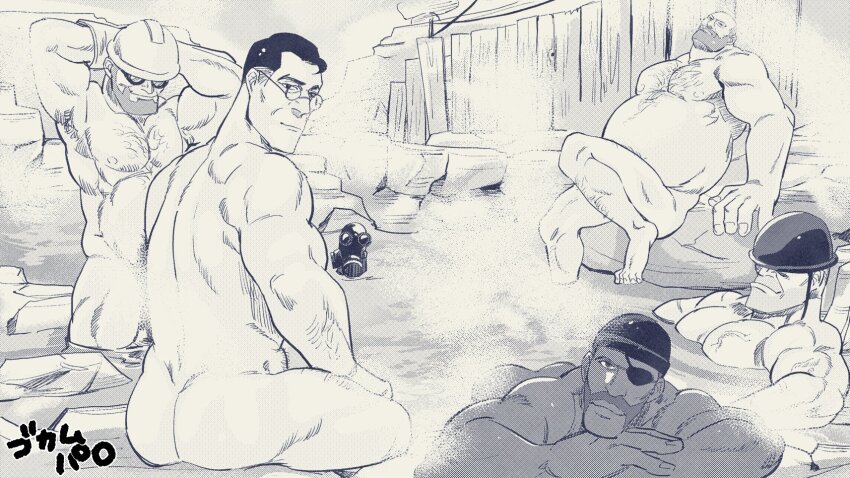 10matotomp 1other 5boys arm_hair ass bald beanie beard biceps chest_hair combat_helmet completely_nude convenient_censoring dark-skinned_male dark_skin demoman_(tf2) engineer_(tf2) facial_hair fat fat_man gas_mask glasses goggles golden_kamuy hard_hat hat hat_over_eyes heavy_(tf2) helmet highres leg_hair looking_at_viewer male_focus mask mature_male medic_(tf2) monochrome multiple_boys muscular muscular_male nude onsen parody partially_submerged pyro_(tf2) scene_reference smile soldier_(tf2) steam steam_censor strongman_waist stubble team_fortress_2
