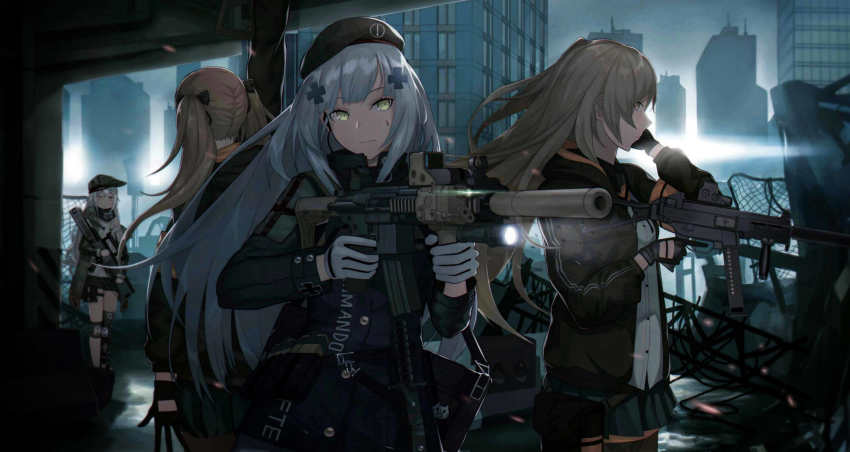 404_(girls&#039;_frontline) 4girls assault_rifle beret brown_hair building cero_(last2stage) city cowboy_shot finger_on_trigger flashlight g11_(girls&#039;_frontline) girls&#039;_frontline gloves gun h&amp;k_hk416 h&amp;k_ump hat heckler_&amp;_koch highres hk416_(girls&#039;_frontline) holographic_weapon_sight jacket lens_flare long_hair multiple_girls outdoors reflector_sight rifle scenery siblings sight_(weapon) silver_hair sisters skyscraper submachine_gun suppressor tactical_light twins twintails ump45_(girls&#039;_frontline) ump9_(girls&#039;_frontline) weapon