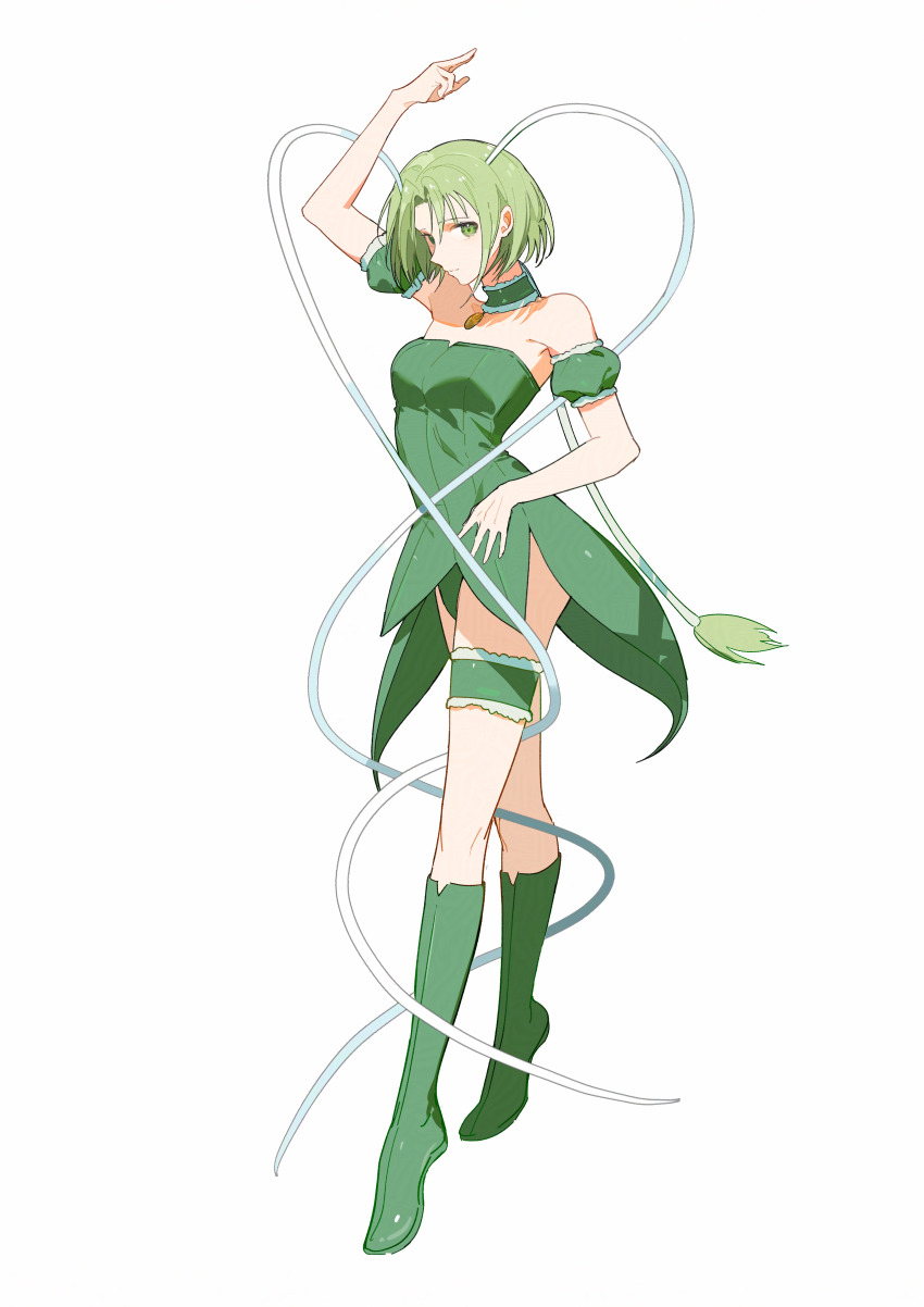 1girl absurdres antennae arm_up bare_arms bare_shoulders boots choker closed_mouth coattails collarbone commentary_request dancing detached_sleeves dress expressionless frilled_choker frilled_thigh_strap frills full_body green_boots green_choker green_dress green_eyes green_hair green_sleeves highres knee_boots knees magical_girl mew_lettuce midorikawa_lettuce morgue_(southsakura) pendant_choker pointy_nose puffy_short_sleeves puffy_sleeves short_dress short_hair short_sleeves simple_background solo standing strapless strapless_dress thigh_strap tiptoes tokyo_mew_mew white_background