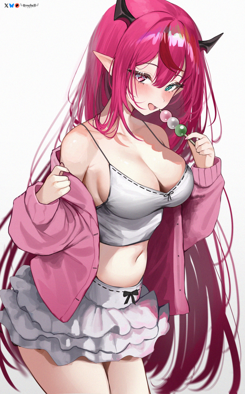 +_+ 1girl alternate_costume artist_name bare_shoulders bluesky_logo blush breasts camisole cleavage commentary cowboy_shot dango demon_girl demon_horns food hair_between_eyes heterochromia highres holding holding_food hololive hololive_english horns irys_(hololive) jacket large_breasts layered_skirt long_hair long_sleeves looking_at_viewer midriff navel off_shoulder open_clothes open_jacket open_mouth patreon_logo pink_jacket pointy_ears rosebell simple_background skirt smile solo stomach twitter_x_logo virtual_youtuber wagashi white_background white_camisole white_skirt