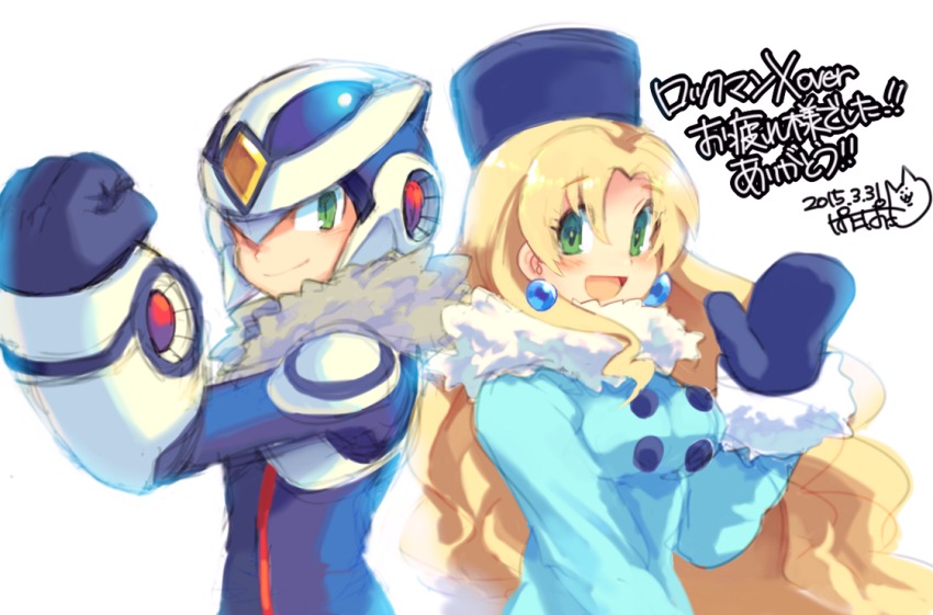 1boy 1girl android blonde_hair blue_coat blush breasts buttons capcom coat copyright_name dated earrings fur_hat fur_trim gloves green_eyes hat helmet iroyopon jewelry kalinka_cossack_(mega_man) long_hair looking_at_viewer medium_breasts mega_man_(series) open_mouth over-1_(mega_man) rockman_xover signature simple_background smile ushanka white_background