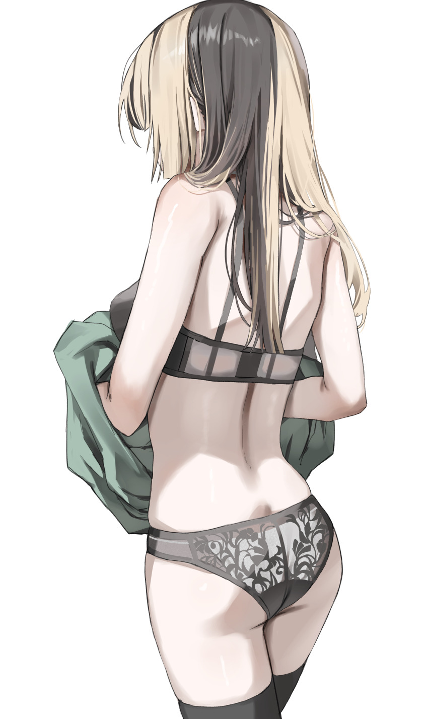 1girl absurdres ass back black_bra black_hair black_thighhighs bra breasts commentary facing_away from_behind grey_hair highres hololive hololive_dev_is juufuutei_raden lace lace-trimmed_panties lace_trim lingerie long_hair median_furrow multicolored_hair panties scarlet_(wv0102) simple_background solo straight_hair symbol-only_commentary thighhighs two-tone_hair underwear virtual_youtuber white_background