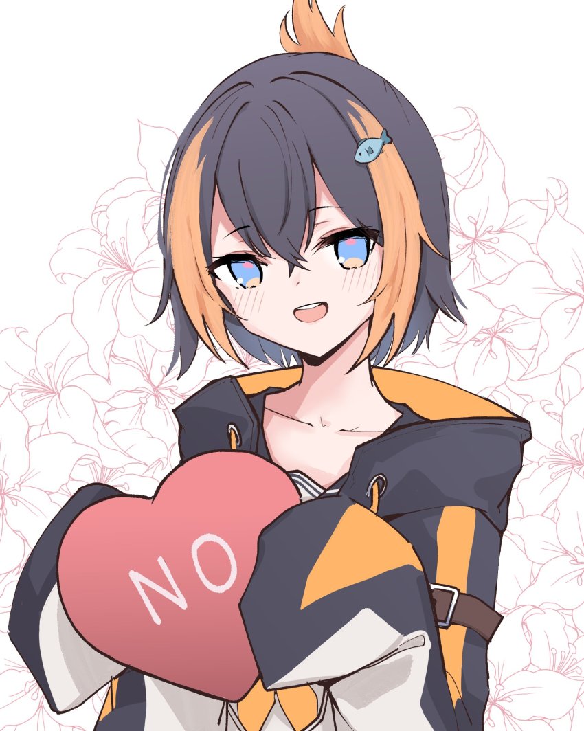 1girl :d black_hair black_jacket blue_eyes collarbone crossed_bangs fish_hair_ornament floral_background folded_ponytail hair_between_eyes hair_ornament heart heart-shaped_pupils heart-shaped_pillow highres holding holding_pillow jacket light_blush long_sleeves lyrinne multicolored_hair nijisanji nijisanji_en no no_pupils open_mouth orange_hair petra_gurin petra_gurin_(1st_costume) pillow short_hair simple_background sleeves_past_fingers sleeves_past_wrists smile solo streaked_hair symbol-shaped_pupils teeth upper_body upper_teeth_only virtual_youtuber white_background yes-no_pillow