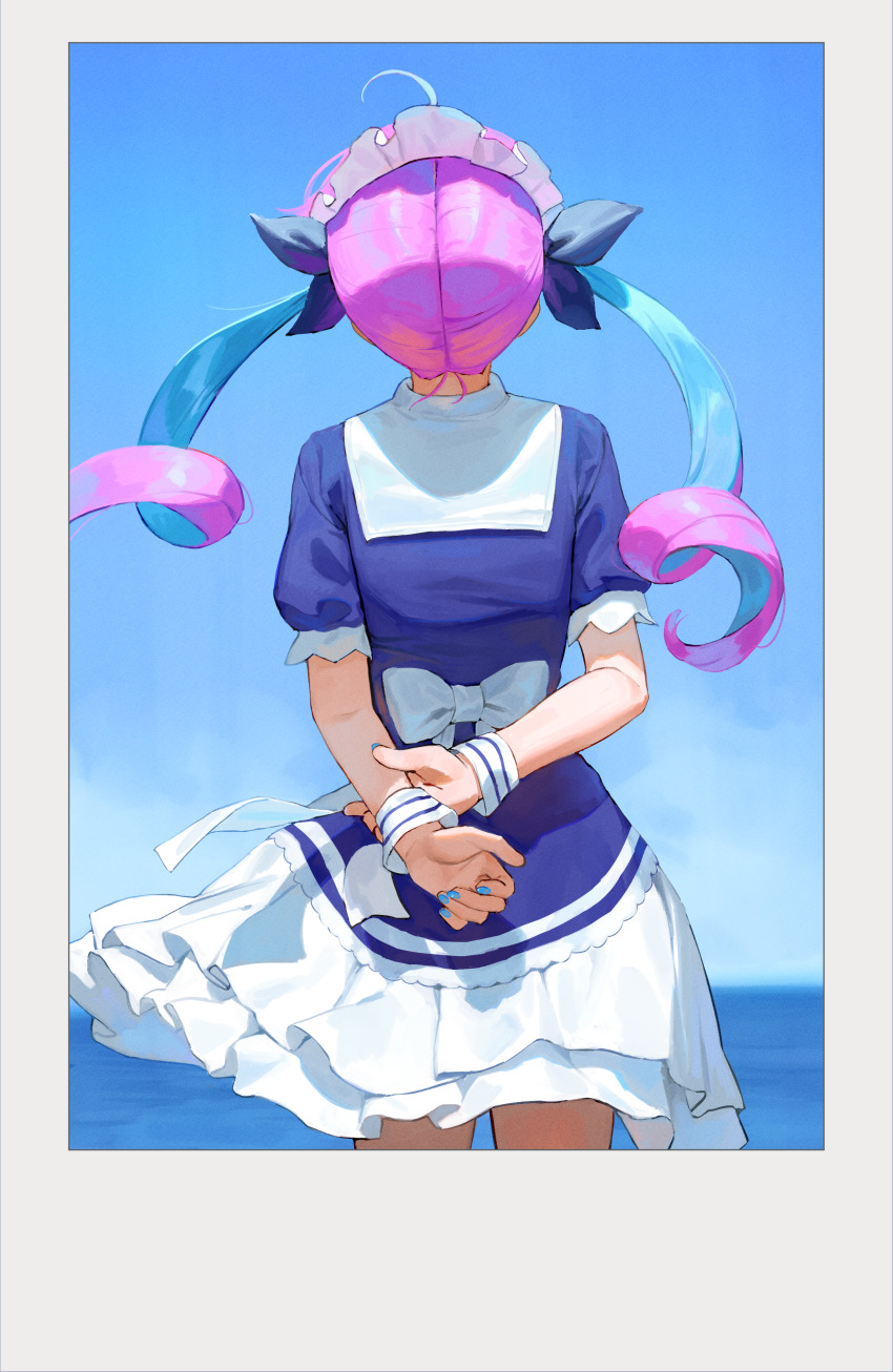 1girl absurdres ahoge aqua_hair aqua_nails arms_behind_back back_bow blue_dress blue_ribbon blue_sky bow colored_inner_hair commentary_request day dress dress_bow drill_hair frikulu frilled_dress frills from_behind hair_ribbon highres holding_own_wrist hololive long_hair maid_headdress minato_aqua minato_aqua_(1st_costume) multicolored_hair nail_polish ocean pink_hair puffy_short_sleeves puffy_sleeves ribbon short_dress short_sleeves sky solo twin_drills twintails two-tone_hair virtual_youtuber white_bow wrist_cuffs