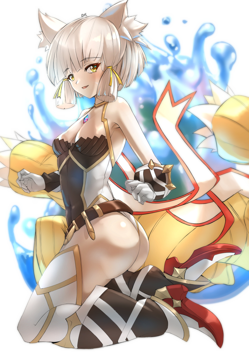 1girl absurdres animal_ears ass bare_shoulders blush boots breasts cat_ears deekei gloves grey_hair hair_ribbon high_heel_boots high_heels highres kneeling leotard looking_at_viewer nia_(xenoblade) open_mouth parted_lips ribbon short_hair small_breasts smile solo thigh_boots thighhighs xenoblade_chronicles_(series) xenoblade_chronicles_2 yellow_eyes