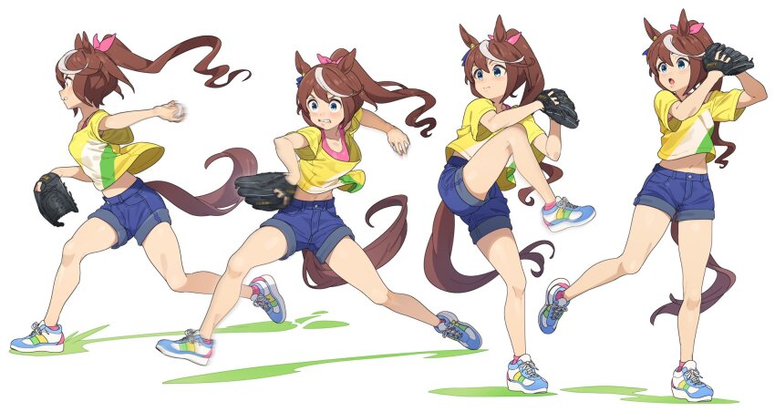 1girl animal_ears baseball_glove blue_eyes bow brown_hair clenched_teeth closed_mouth commentary_request denim denim_shorts hair_bow highres horse_ears horse_girl horse_tail long_hair multicolored_hair multiple_views nishiki_kazue open_mouth pink_bow pink_sports_bra pitching ponytail shirt shoes shorts simple_background sneakers sports_bra streaked_hair t-shirt tail teeth tokai_teio_(umamusume) umamusume white_background white_hair yellow_shirt