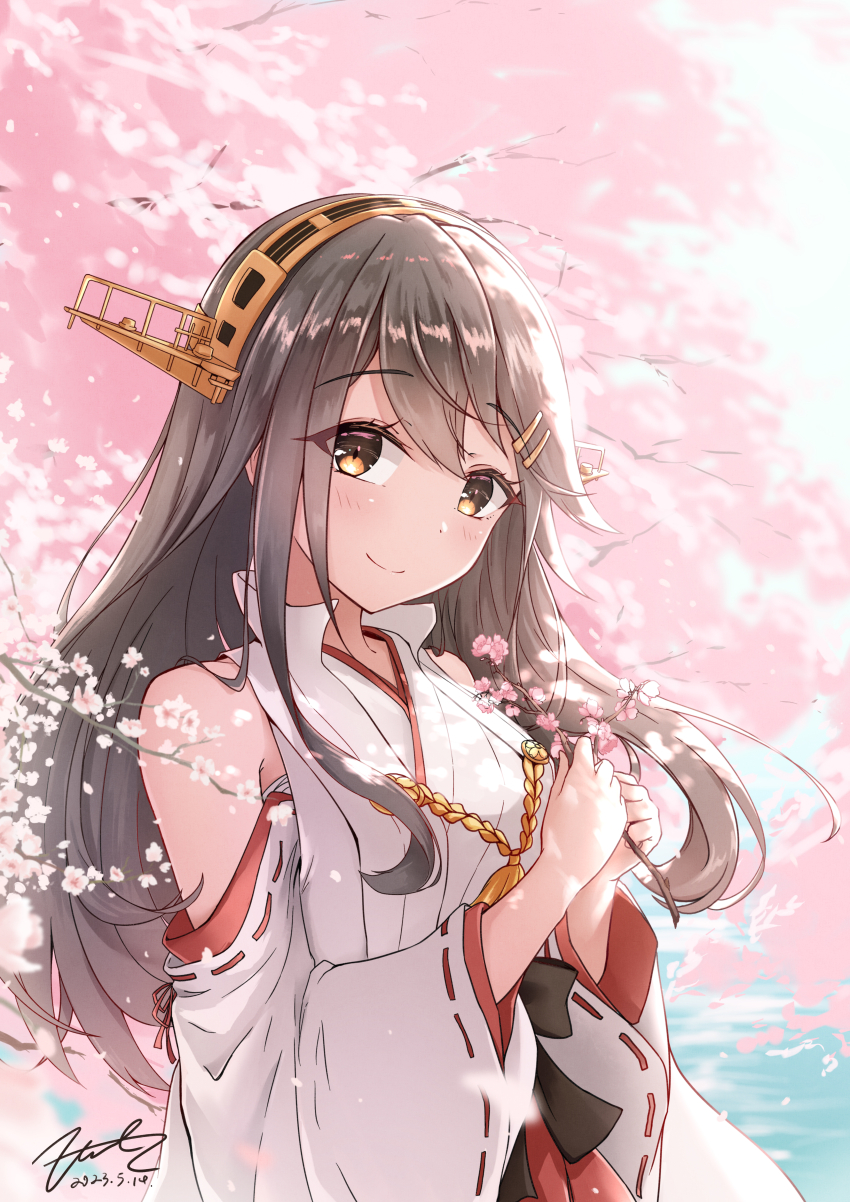 1girl absurdres bare_shoulders black_hair blush brown_eyes cherry_blossoms closed_mouth dated detached_sleeves fritz614 hair_between_eyes hair_ornament hairband hairclip haruna_(kancolle) headgear highres japanese_clothes kantai_collection long_hair nontraditional_miko ribbon-trimmed_sleeves ribbon_trim signature smile solo upper_body white_sleeves wide_sleeves