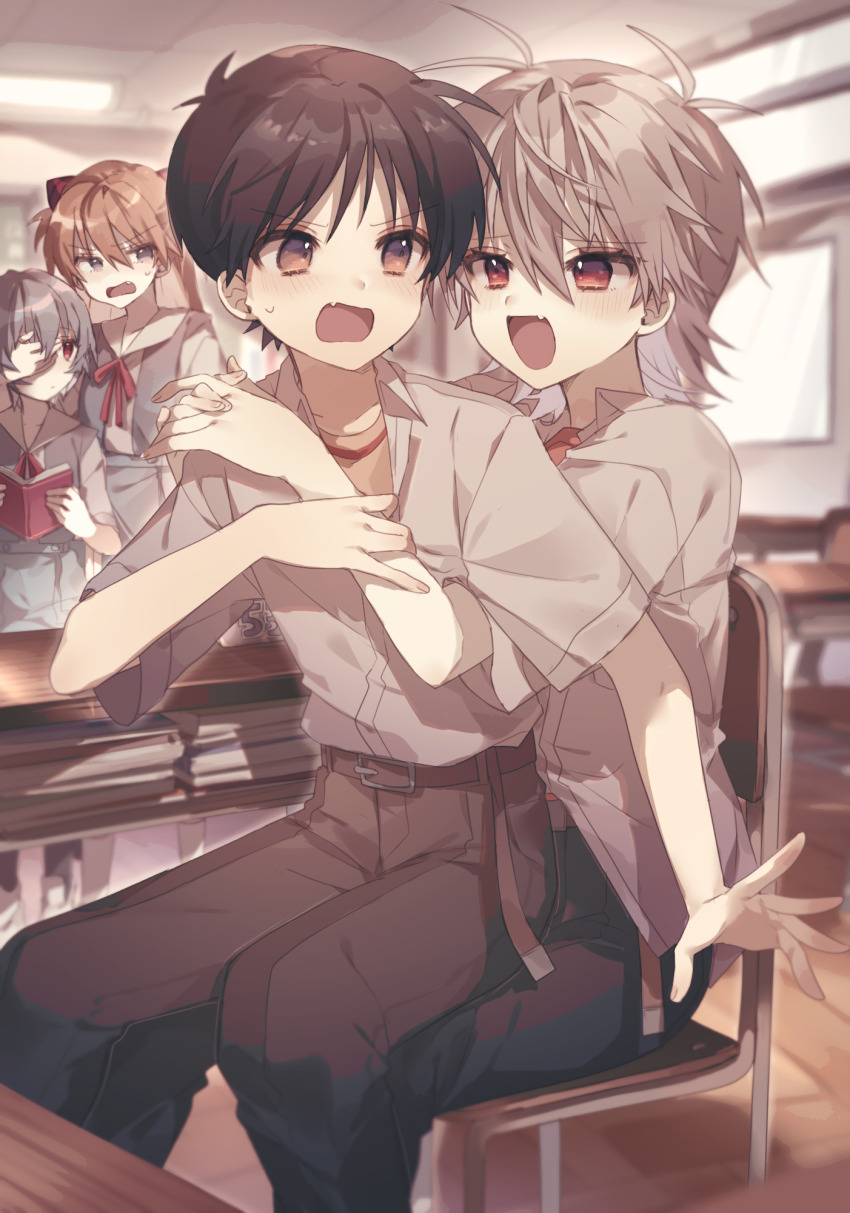 2boys 2girls :d ayanami_rei belt black_pants blue_eyes blue_hair blue_skirt blush book brown_hair chair classroom closed_mouth covering_another&#039;s_eyes desk fang feet_out_of_frame glaring grey_hair hair_between_eyes hand_on_another&#039;s_arm highres holding holding_book ikari_shinji indoors interface_headset_(evangelion) jealous long_hair looking_at_another multiple_boys multiple_girls nagisa_kaworu neon_genesis_evangelion on_chair open_book open_mouth orange_hair pants red_eyes school_chair school_desk school_uniform shirasunuko shirt short_hair short_sleeves sitting sitting_on_lap sitting_on_person skirt smile souryuu_asuka_langley suspender_skirt suspenders sweatdrop tokyo-3_middle_school_uniform two_side_up v-shaped_eyebrows white_shirt yaoi