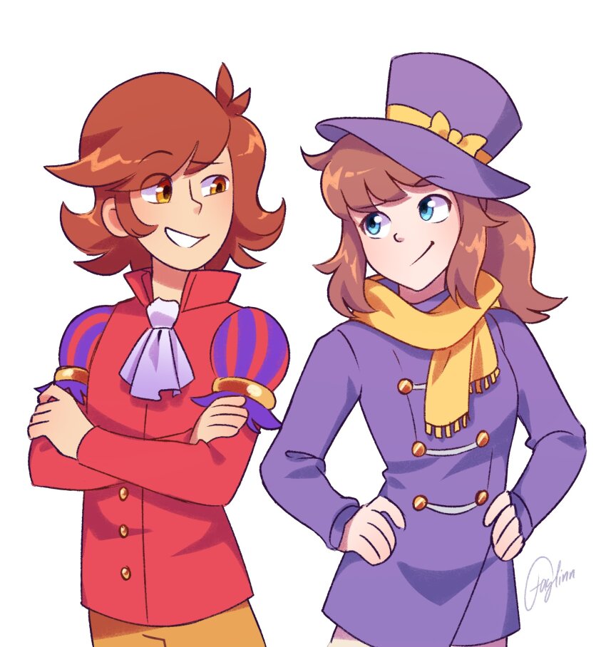 1boy 1girl a_hat_in_time aged_up alternate_universe ascot blue_eyes bow brown_hair buttons closed_mouth coat commentary cowboy_shot crossed_arms double-breasted english_commentary eyebrows_visible_through_hat hands_on_own_hips hat hat_bow hat_kid hat_ribbon highres juliet_sleeves long_sleeves looking_at_another looking_to_the_side medium_hair open_mouth orange_hair pants ponytail popped_collar puffy_sleeves purple_coat purple_hat red_coat ribbon scarf short_hair sidelocks signature simple_background smile smirk snatcher_(a_hat_in_time) striped_clothes time_paradox top_hat white_ascot white_background white_pants xxfaylinnxx yellow_bow yellow_eyes yellow_pants yellow_ribbon yellow_scarf
