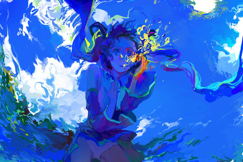 1girl air_bubble aqua_eyes aqua_hair aqua_necktie athgil blowing_bubbles blue_theme bubble detached_sleeves distortion explosion hand_on_own_chest hatsune_miku headphones highres long_hair necktie painterly panties pleated_skirt skirt twintails underwater underwear upskirt vocaloid white_panties
