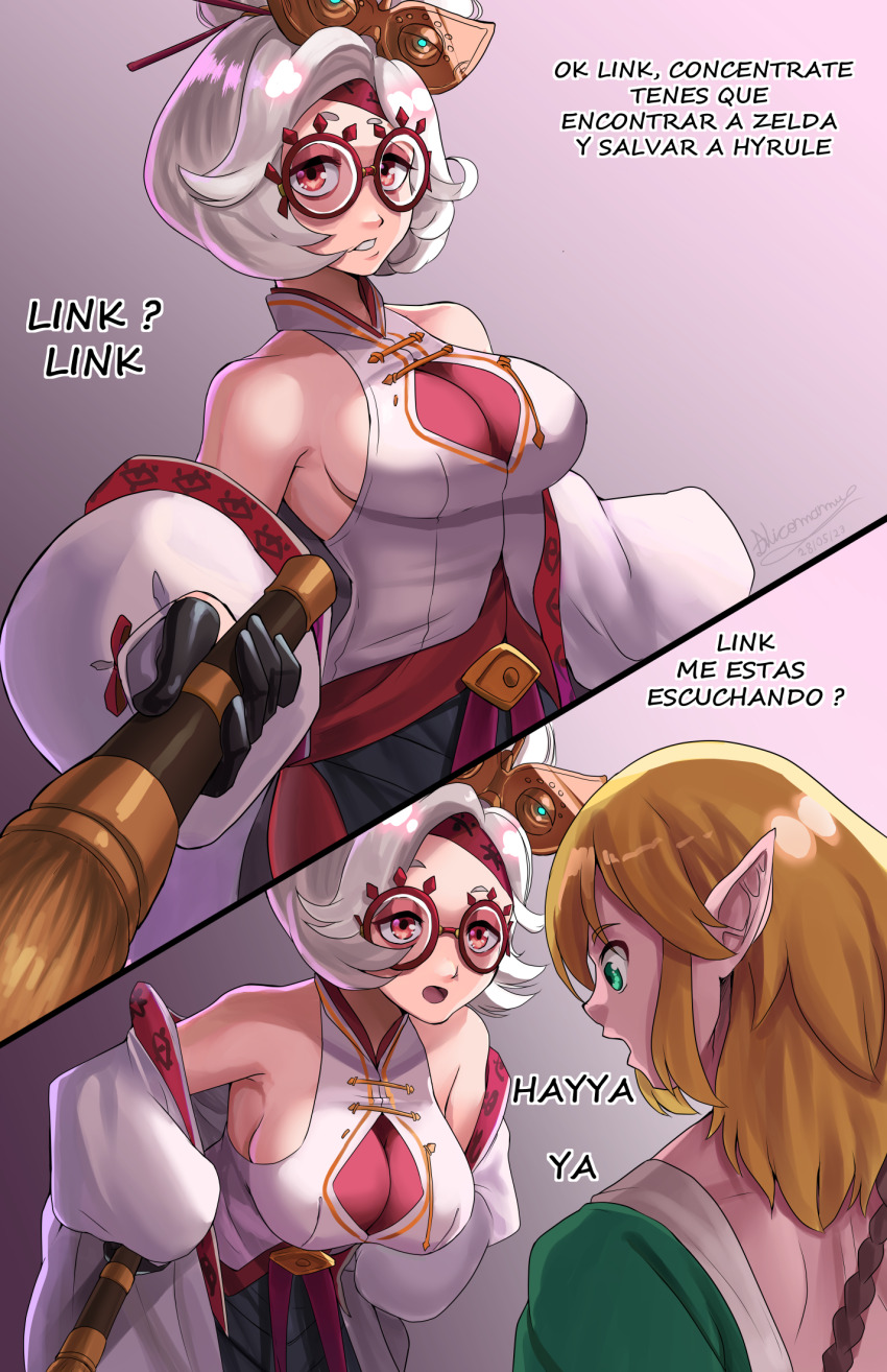 1girl archaic_set_(zelda) bare_shoulders black_gloves black_skirt blonde_hair blue_eyes bodysuit breasts cleavage_cutout clothing_cutout coat commentary commentary_request dated english_commentary eyeshadow eyewear_on_head gloves grey_hair hair_ornament hair_stick half_gloves headband highres holding large_breasts leaning_forward link looking_at_breasts makeup medium_hair mixed-language_commentary nicomamu nintendo off_shoulder open_clothes open_coat pelvic_curtain pointing pointing_at_another pointy_ears puffy_sleeves purah red-framed_eyewear red_bodysuit red_eyes red_eyeshadow red_headband round_eyewear sheikah shirt side_slit signature simple_background skirt sleeveless sleeveless_shirt solo spanish_commentary spanish_text split_screen talking the_legend_of_zelda the_legend_of_zelda:_tears_of_the_kingdom translated updo white_coat white_shirt