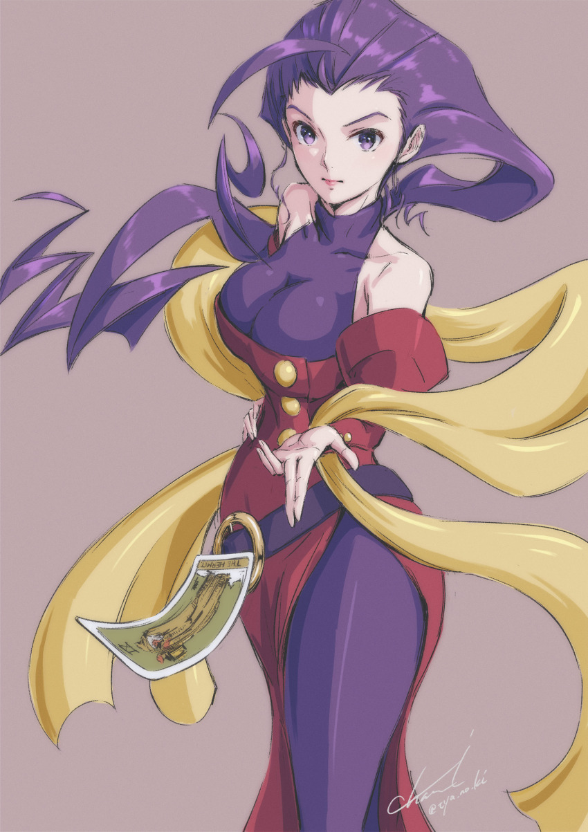1girl absurdres ahoge bodysuit bodysuit_under_clothes breasts buttons cleavage earrings hair_slicked_back highres jewelry looking_at_viewer off_shoulder purple_eyes purple_hair rose_(street_fighter) side_slit sleeveless sleeveless_bodysuit solo street_fighter thighs turtleneck tyanoki