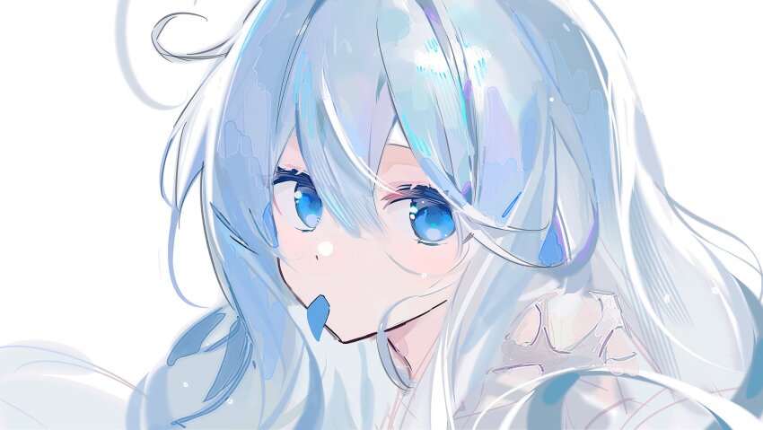1girl asphyxia17 blue_eyes blue_hair hair_between_eyes highres long_hair looking_at_viewer mouth_hold original simple_background solo white_background