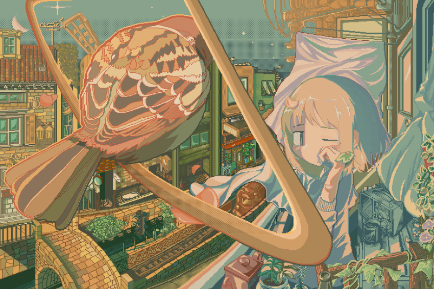 1girl absurdres arch_bridge balcony bird brick_wall bridge building city clothes_hanger crescent_moon dithering foreshortening highres looking_at_animal moon one_eye_closed original papers_drivers perspective pixel_art plant potted_plant railing railroad_tracks rubbing_eyes scenery sky sparrow star_(sky) starry_sky streetcar traffic_light trembling vines weather_vane window