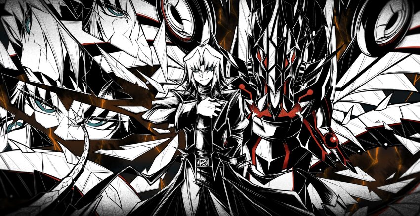 1boy coat cowboy_shot cyber_dragon_infinity evarina55 highres limited_palette marufuji_ryo medium_hair non-humanoid_robot partially_colored robot robot_dragon smirk solo_focus yu-gi-oh! yu-gi-oh!_gx