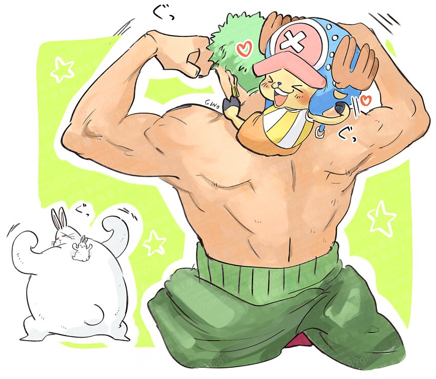 2boys 89gino05 absurdres antlers baby baby_lapahn back blush commentary cross flexing green_background green_kimono haramaki hat heart highres horns japanese_clothes kimono lapahn looking_back monster multiple_boys one_piece reindeer_antlers roronoa_zoro shirt short_hair striped_clothes striped_shirt symbol-only_commentary tony_tony_chopper vertical-striped_clothes vertical-striped_shirt white_rabbit_(animal)