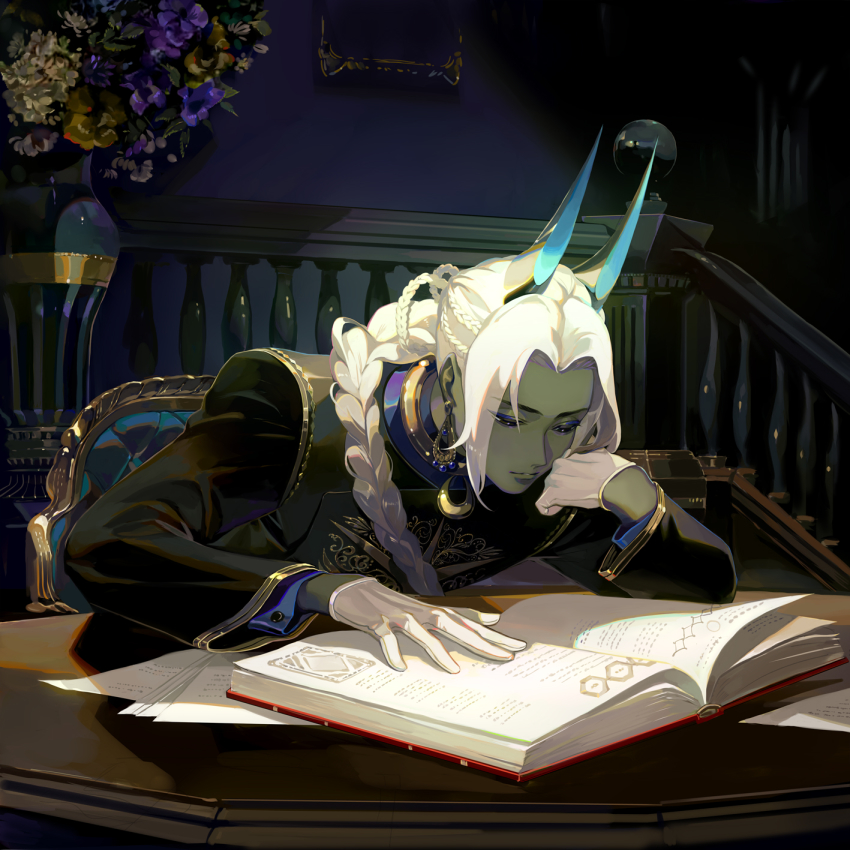 1boy alternate_costume alternate_hairstyle arjuna_(fate) arjuna_alter_(fate) arjuna_alter_(festival_outfit)_(fate) black_eyes book braid dark-skinned_male dark_skin desk earrings elbow_rest fate/grand_order fate_(series) flower gloves hand_on_own_cheek hand_on_own_face highres horns indoors jewelry male_focus open_book parted_bangs reading simple_background solo taro-k upper_body vase white_hair