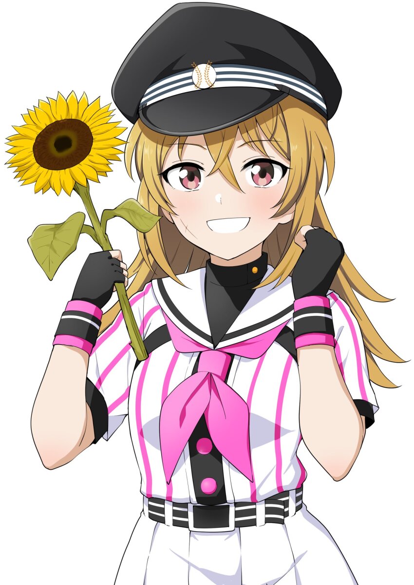 1girl barkhorn0331 belt belt_buckle black_belt black_gloves black_hat black_jacket black_undershirt blonde_hair brown_eyes buckle cinderella_series clenched_hand cowboy_shot fingerless_gloves flower gakuseibou gloves grin hachigatsu_no_cinderella_nine hat highres holding holding_flower iwaki_yoshimi jacket long_hair looking_at_viewer neckerchief pink_neckerchief pleated_skirt satogahama_baseball_uniform shirt_under_shirt short_sleeves simple_background skirt smile solo standing sunflower teeth white_background white_skirt
