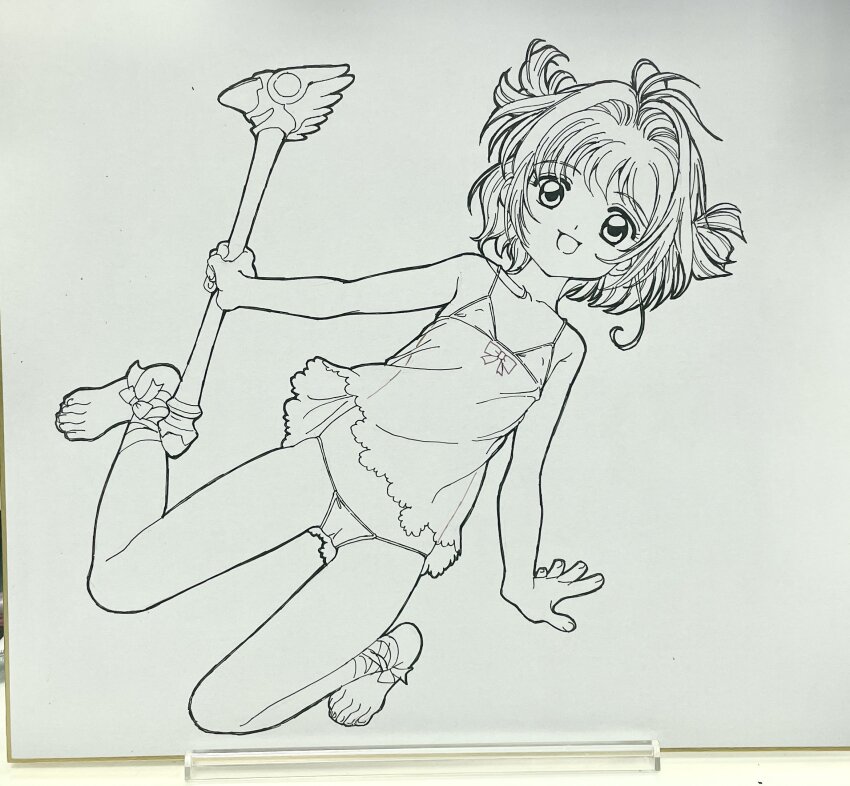 1girl barefoot bikini camisole cardcaptor_sakura flat_chest full_body highres holding holding_wand kabashima_yousuke kinomoto_sakura lineart looking_at_viewer monochrome open_mouth photo_(medium) shikishi short_hair smile solo swimsuit traditional_media unfinished wand