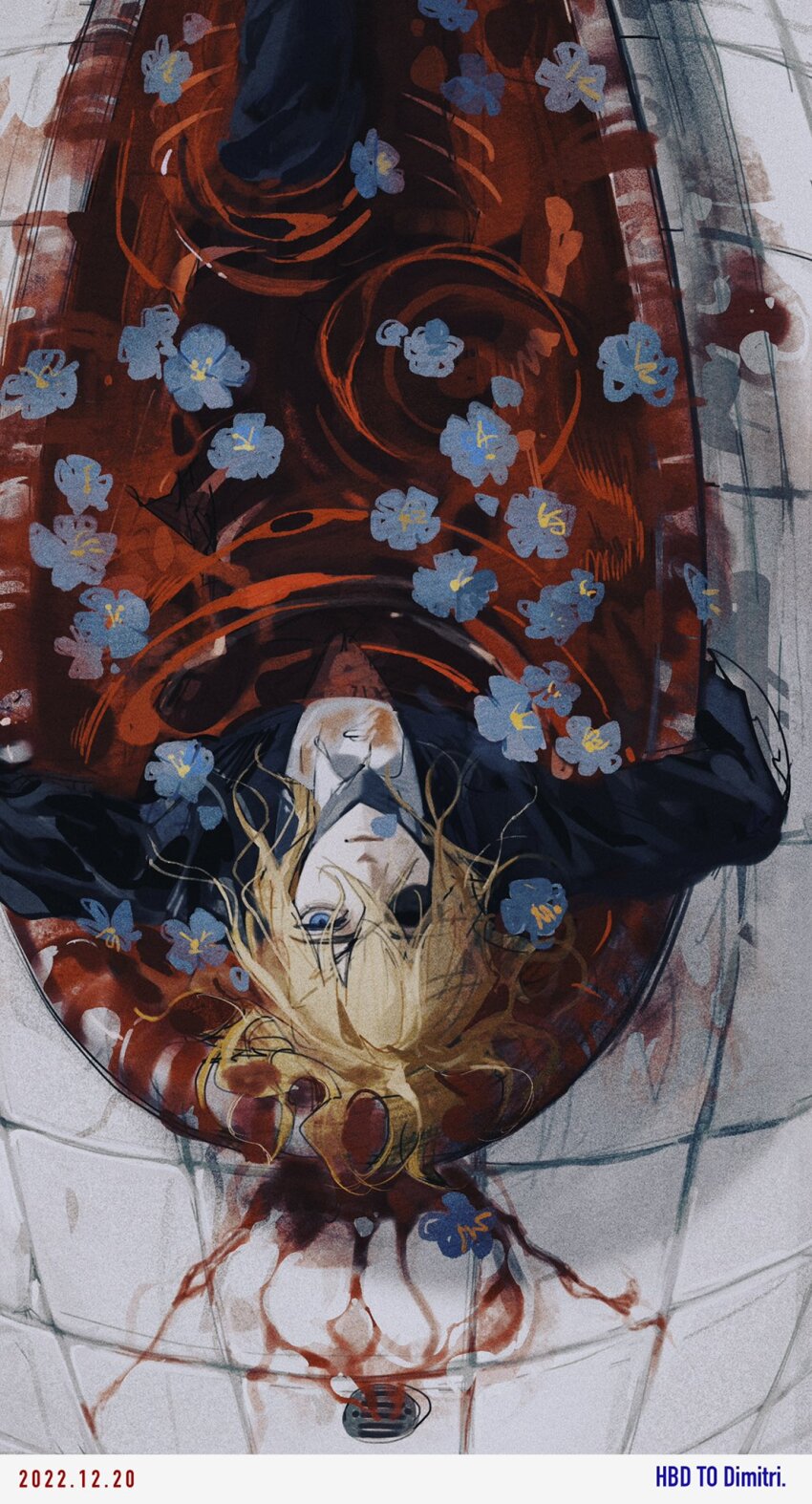 1boy bathtub black_jacket black_pants black_suit blonde_hair blood blood_in_water blood_on_clothes blood_on_ground blue_eyes blue_flower character_name collared_shirt commentary dated dimitri_alexandre_blaiddyd dimitri_alexandre_blaiddyd_(timeskip) drain_(object) english_commentary eyepatch fire_emblem fire_emblem:_three_houses flower formal_clothes from_above hair_between_eyes happy_birthday head_back highres jacket knee_up long_sleeves looking_up male_focus medium_hair nintendo one_eye_covered pants ripples shirt solo suit suit_jacket tile_floor tiles urotozm white_shirt wing_collar