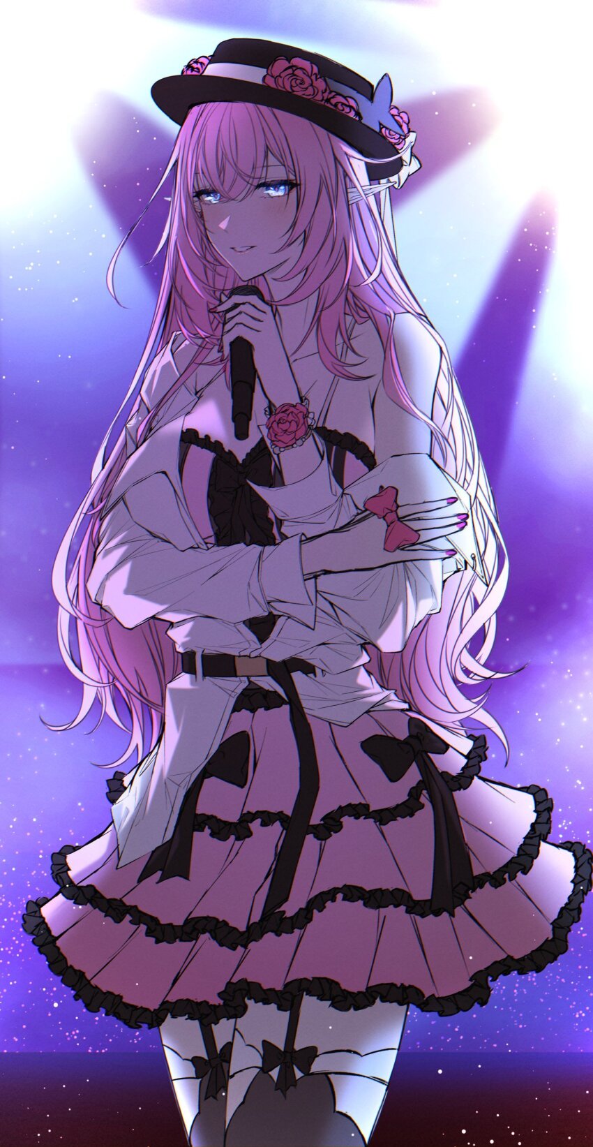 1girl absurdres bare_shoulders black_bow black_hat blue_eyes bow cowboy_shot dress elysia_(honkai_impact) fedora garter_straps hat highres holding honkai_(series) honkai_impact_3rd layered_dress long_hair long_sleeves looking_at_viewer off_shoulder parted_lips pink_dress pink_hair pointy_ears sieka_(piiroinardesco) smile solo spaghetti_strap standing thighhighs very_long_hair