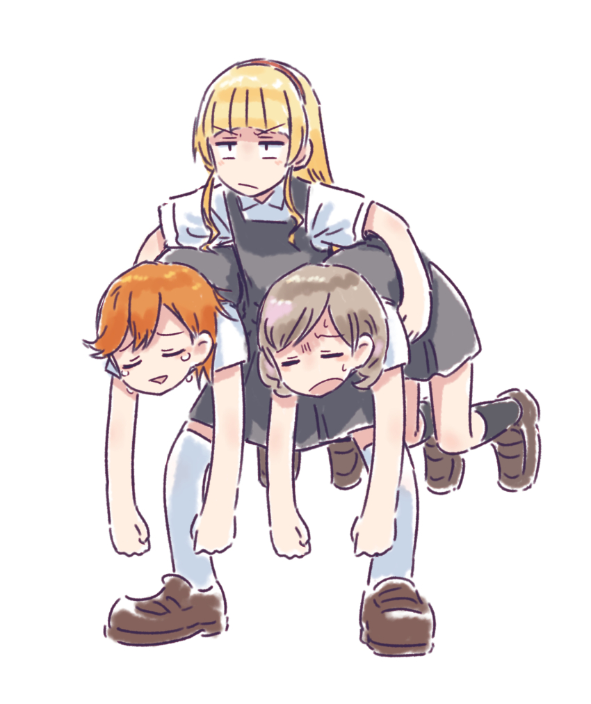 3girls :/ bad_id bad_twitter_id black_socks blonde_hair blunt_bangs brown_footwear bullfalk carrying carrying_multiple_people carrying_person closed_eyes collared_shirt commentary crying dress dress_shirt full_body grey_dress hairband heanna_sumire highres kneehighs legs_apart light_brown_hair loafers long_hair love_live! love_live!_superstar!! multiple_girls orange_hair over-kneehighs parted_bangs pinafore_dress red_hairband sanpaku school_uniform shibuya_kanon shirt shoes short_dress short_hair short_sleeves sidelocks sleeveless sleeveless_dress socks standing summer_uniform swept_bangs tang_keke thighhighs triangle_mouth u_u v-shaped_eyebrows white_background white_shirt white_thighhighs yuigaoka_school_uniform