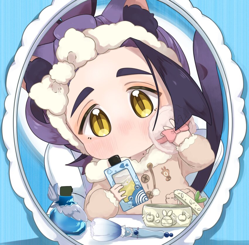 1boy animal_ears black_hair brown_eyes brown_hoodie cat_boy cat_ears cat_tail chibi chibi_only chigiri_(_chigiri_) gen_1_pokemon gen_2_pokemon highres hood hoodie kemonomimi_mode kieran_(pokemon) long_sleeves looking_at_mirror male_focus mirror multicolored_hair nintendo no_mouth pokemon pokemon_sv poliwhirl purple_hair sentret short_hair solo tail