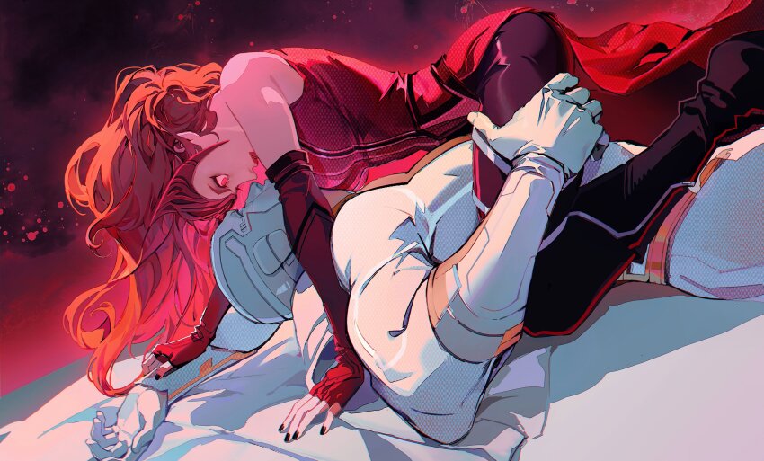 1boy 1girl absurdres al_(ahr) animification black_nails brown_hair dress elbow_gloves fingerless_gloves gloves highres leg_grab leggings looking_at_another marvel marvel_cinematic_universe red_dress red_eyes vision_(marvel) wanda_maximoff wandavision white_vision