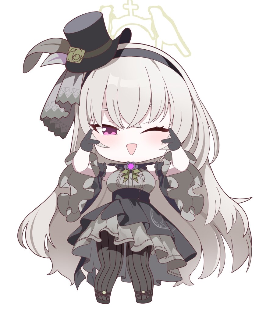 1girl ;d absurdres black_dress black_gloves black_hairband black_hat black_pantyhose blue_archive blush center_frills chibi cran_berrie crossed_bangs detached_sleeves double_v dress eyebrows_hidden_by_hair frilled_dress frilled_sleeves frills full_body gloves green_dress grey_hair hair_between_eyes hairband halo hands_up happy hashtag-only_commentary hat hat_feather highres idol idol_clothes long_hair long_sleeves looking_at_viewer official_alternate_costume one_eye_closed open_mouth pantyhose pink_eyes sakurako_(blue_archive) sakurako_(idol)_(blue_archive) simple_background sleeveless sleeveless_dress smile solo standing striped_clothes striped_pantyhose top_hat tsurime two-tone_dress v v_over_eye vertical-striped_clothes vertical-striped_pantyhose very_long_hair white_background wide_sleeves yellow_halo
