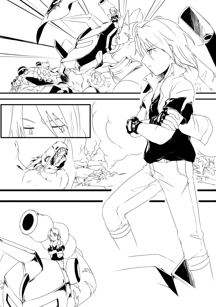 absurdres aonuma_kiriha cyborg deckerdramon digimon digimon_(creature) fingerless_gloves gigadramon gloves golemon highres jacket megadramon metalgreymon_(digimon_xros_wars) tyrannosaurus_rex