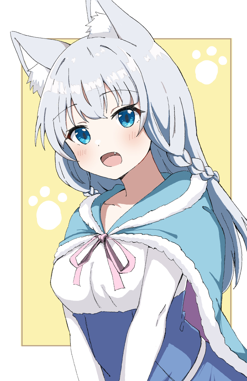 1girl :o animal_ear_fluff animal_ears aqua_cape blue_cape blue_eyes blush braid breasts cape dress eyelashes fang fur-trimmed_cape fur_trim grey_hair hataage!_kemono_michi highres jmsleo long_hair long_sleeves medium_breasts multicolored_dress multiple_braids open_mouth paw_print paw_print_background pink_ribbon ribbon shigure_(kemonomichi) simple_background solo tongue upper_body white_sleeves wolf_ears yellow_background