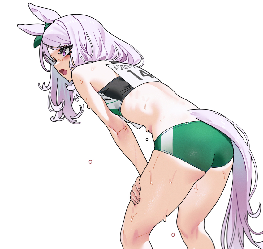 1girl alternate_costume animal_ears aqua_bow bow breasts buruma commentary ear_bow green_buruma hands_on_own_thighs highres horse_ears horse_girl horse_tail long_hair mejiro_mcqueen_(umamusume) open_mouth purple_eyes purple_hair sarcophage simple_background small_breasts solo sports_bra sweat tail umamusume white_background