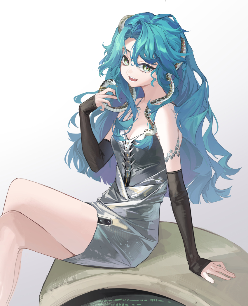1girl absurdres bare_shoulders black_arm_warmers blue_hair breasts crossed_legs dress feet_out_of_frame from_side full_body green_eyes hand_up highres hissabeth kuroja long_hair medium_breasts red_pupils reverse:1999 short_dress silver_dress sitting sleeveless sleeveless_dress slit_pupils snake snake_on_head solo spaghetti_strap very_long_hair white_background