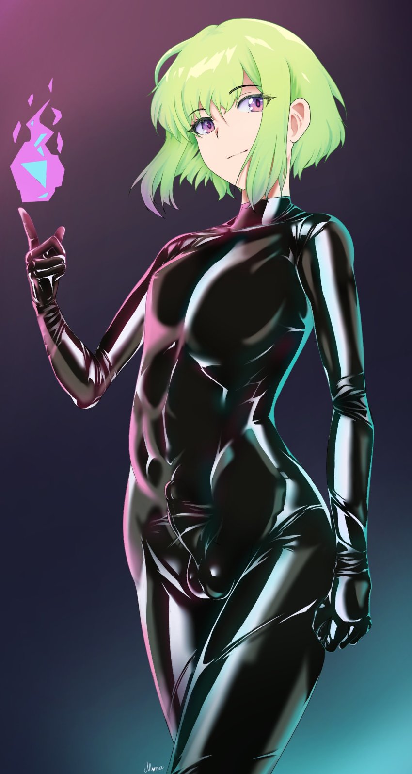 1boy absurdres bodysuit bulge catsuit drawfagmona erection erection_under_clothes gloves green_hair highres latex latex_bodysuit lio_fotia male_focus promare purple_eyes short_hair_with_long_locks solo weapon