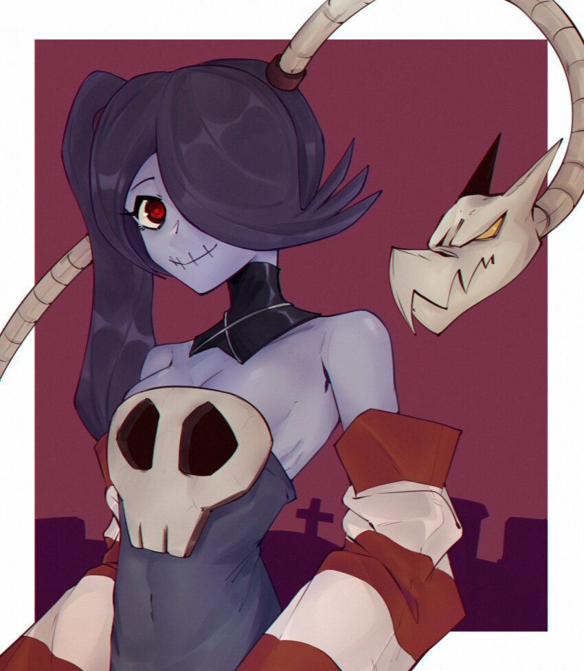 1girl bare_shoulders blue_dress blue_hair blue_skin border breasts cleavage closed_mouth colored_sclera colored_skin commentary covered_navel cross detached_sleeves dress english_commentary fujimna graveyard highres long_hair looking_to_the_side one_eye_covered red_background red_eyes red_sleeves side_ponytail skull skullgirls small_breasts smile solo squigly_(skullgirls) stitched_mouth stitches striped_sleeves upper_body white_border white_sleeves yellow_sclera