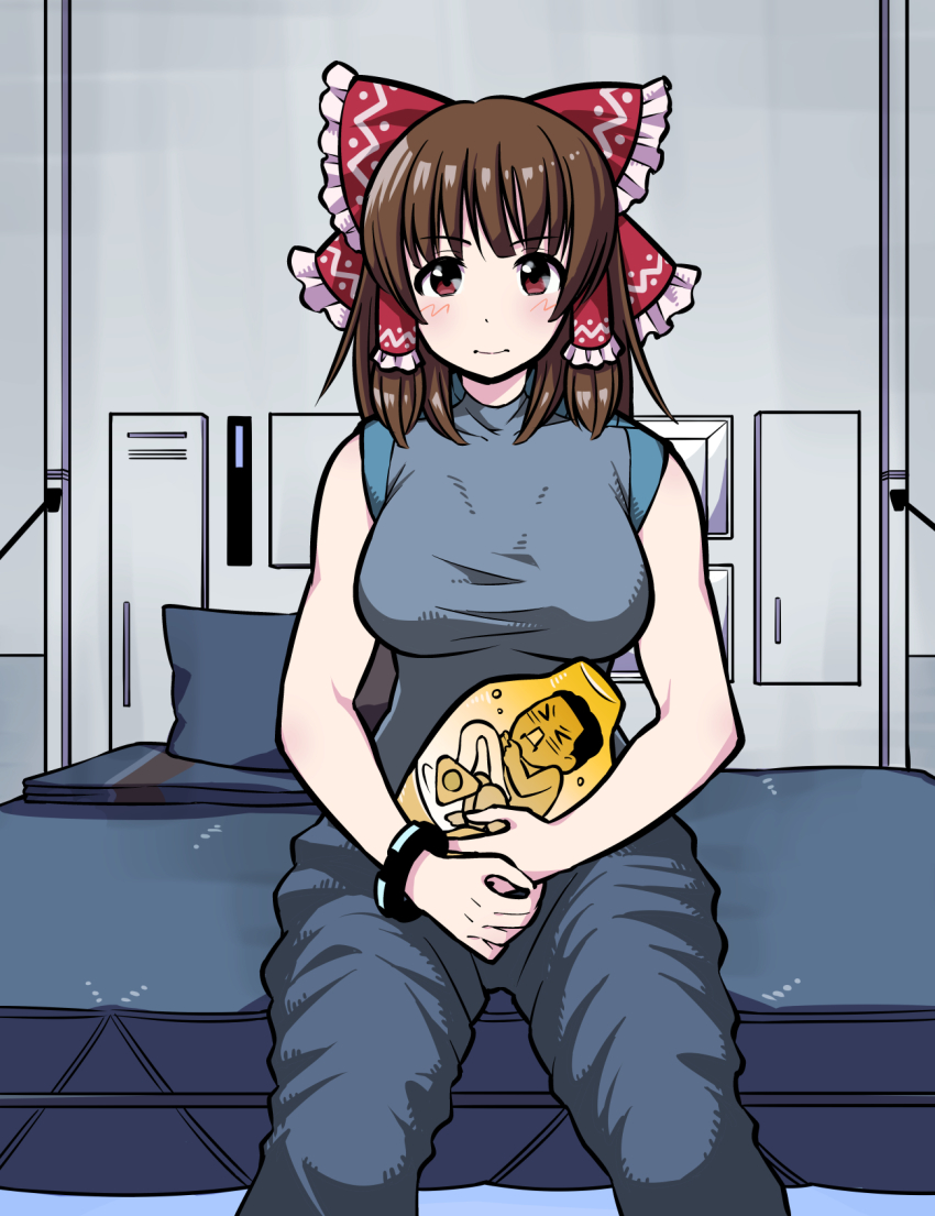 1boy 1girl blush bow breasts closed_mouth commentary_request cookie_(touhou) cosplay death_stranding feet_out_of_frame frilled_bow frilled_hair_tubes frills grey_jumpsuit hair_bow hair_tubes hakumai_(nicoseiga80737518) hakurei_reimu highres jumpsuit kanna_(cookie) large_breasts looking_at_viewer manatsu_no_yo_no_inmu parody red_bow sam_porter_bridges sam_porter_bridges_(cosplay) sitting sleeveless sleeveless_jumpsuit smile touhou yajuu_senpai