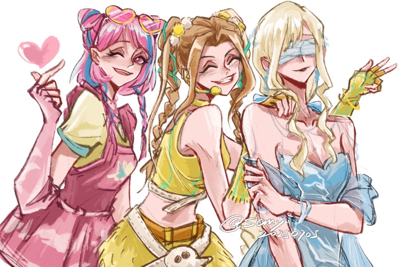 3girls ^_^ aqua_ribbon artist_name bare_shoulders belt belt_buckle black_lips blindfold blonde_hair blue_bow blue_dress blue_ribbon blue_sleeves bow bracelet braid braided_twintails breasts brown_belt brown_hair buckle choker cleavage closed_eyes closed_mouth cloud_print colored_blindfold cone_hair_bun cowboy_shot crop_top crossed_belts dated detached_sleeves double_bun dress earrings elbow_gloves eyelashes eyewear_on_head fingerless_gloves from_the_depth_(infinity_nikki) fur_skirt gloves gold_bracelet grin hair_bun hair_ornament hair_over_shoulder hair_ribbon hand_on_another&#039;s_shoulder happy heart high_belt highres holding_own_arm infinity_nikki jewelry lipstick long_hair looking_at_viewer makeup midriff miniskirt multicolored_hair multiple_belts multiple_girls nikki_(series) one_eye_closed open_mouth pinafore_dress pink-tinted_eyewear pink_belt pink_dress pink_eyes pink_gloves pink_hair pink_lips plaid_clothes plaid_gloves pleated_dress pom_pom_(clothes) pom_pom_hair_ornament ribbon ribbon-trimmed_belt ribbon_trim sanyi132 shirt short_sleeves simple_background skirt skirt_set skull sleeveless sleeveless_dress sleeveless_shirt smile snapping_fingers standing starry_path_(infinity_nikki) strapless strapless_dress streaked_hair sunglasses sweet_rhapsody_(infinity_nikki) t-shirt teeth tinted_eyewear tress_ribbon twin_braids two-tone_hair upper_teeth_only v white_background white_belt wrist_ribbon yellow-framed_eyewear yellow_choker yellow_gloves yellow_shirt yellow_skirt