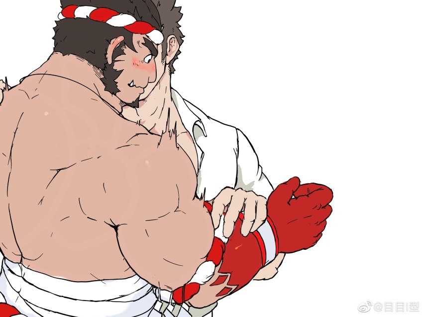 2boys back bara blush chinese_commentary collared_shirt couple covered_face facial_hair flustered goatee hachimaki hand_on_another&#039;s_arm hand_on_another&#039;s_shoulder headband highres kiss kissing_cheek long_sideburns male_focus protagonist_3_(housamo) mature_male me-me_(mouact2) midriff_sarashi multiple_boys muscular muscular_male nejiri_hachimaki pectorals sarashi shirt short_hair sideburns solo_focus stubble surprise_kiss surprised tajikarao_(housamo) thick_eyebrows tokyo_houkago_summoners trembling tusks upper_body white_background yaoi