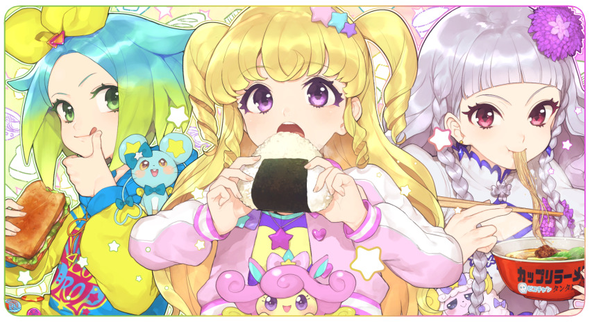 3girls :q aikatsu! aikatsu!_(series) blonde_hair blue_hair blue_hoodie blunt_bangs border braid breasts chopsticks cleavage closed_mouth commentary_request cup_ramen dress drill_hair eating food gradient_hair green_eyes green_hair grey_hair highres hitoto holding holding_chopsticks holding_food holding_sandwich hood hood_down hoodie jacket long_hair multicolored_hair multiple_girls onigiri open_clothes open_jacket open_mouth pink_jacket purple_eyes red_eyes sandwich short_hair side_braid star_(symbol) teeth tongue tongue_out twin_braids two-tone_hair upper_teeth_only white_border white_dress