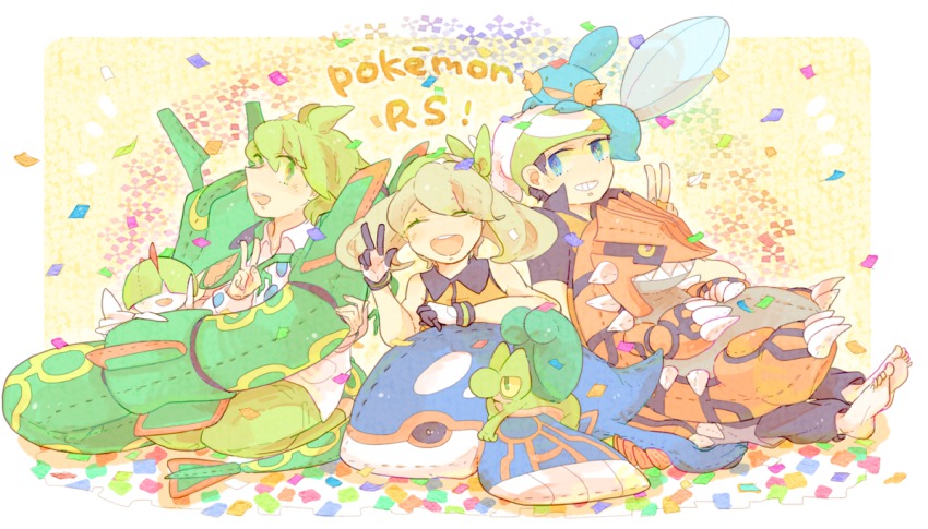 00s 1girl 2boys bandana black_hair blue_eyes brendan_(pokemon) brendan_(pokemon_emerald) brown_hair closed_eyes copyright_name gen_3_pokemon gloves green_eyes green_hair groudon happy hat katiko kyogre legendary_pokemon long_hair may_(pokemon) may_(pokemon_emerald) mudkip multiple_boys nintendo open_mouth pants pokemon pokemon_(creature) pokemon_rse ralts rayquaza shirt short_hair short_sleeves sleeveless smile treecko wally_(pokemon) wing_collar