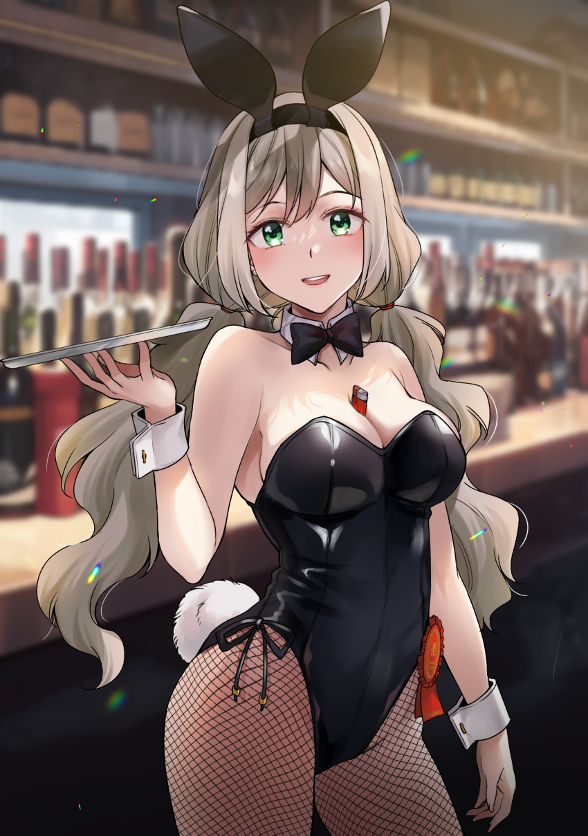 1girl absurdres animal_ears badge bar_(place) black_bow black_bowtie black_leotard blurry blurry_background bow bowtie breasts brown_eyes cleavage contrapposto counter cowboy_shot detached_collar fishnet_pantyhose fishnets green_eyes highres large_breasts leotard low_twintails open_mouth original pantyhose playboy_bunny rabbit_ears rabbit_tail round_teeth side-tie_leotard solo standing strapless strapless_leotard tail teeth tray twintails upper_teeth_only wrist_cuffs yoshii_yumi