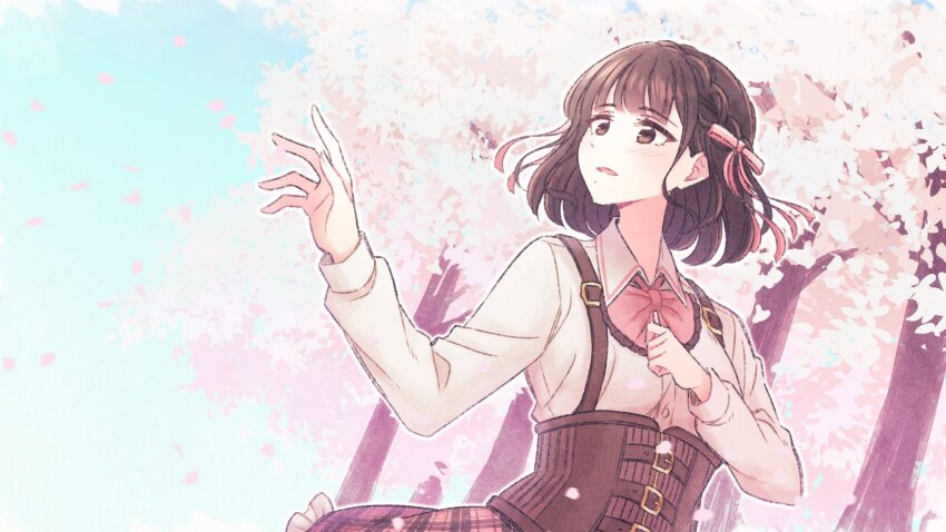 1girl actor actor_connection akamirai assault_lily belt belt_buckle blue_sky bow bowtie braid brown_belt brown_eyes brown_hair brown_skirt buckle cherry_blossoms cloud collared_shirt commentary_request corset cosplay crown_braid day dutch_angle falling_petals frilled_skirt frills hair_ribbon hanaoka_angela_moe hanaoka_angela_moe_(cosplay) hand_on_own_chest hands_up highres iwakura_azusa light_blush long_hair looking_ahead looking_to_the_side ludvico_private_girls&#039;_academy_school_uniform mole mole_under_mouth multiple_belts outdoors parted_lips petals pink_bow pink_bowtie pink_ribbon plaid_clothes plaid_skirt real_life ribbon school_uniform shirt short_hair skirt sky solo standing suspenders tree underbust upper_body white_shirt