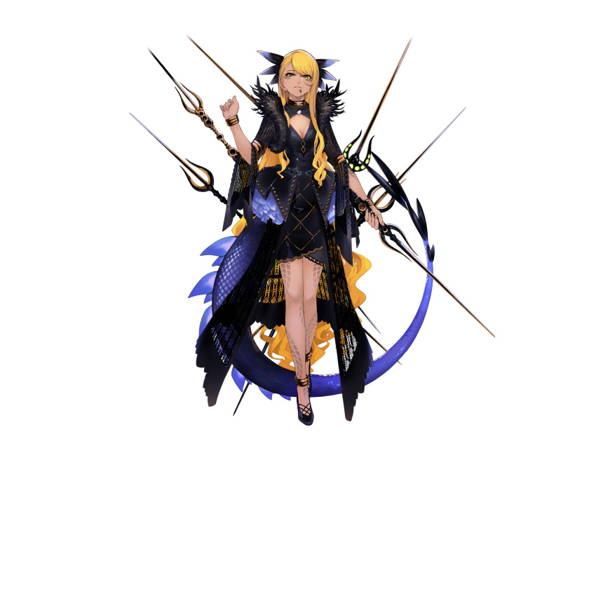 1girl bangle black_dress black_shirt black_shoes black_shrug blonde_hair blue_tail body_markings bracelet breasts chin_piercing cleavage cleavage_cutout clothing_cutout dragon_girl dragon_tail dress face_piercing facial_mark fate/grand_order fate_(series) floating floating_object floating_weapon full_body fur-trimmed_shrug game_cg gold_anklet gold_bracelet gold_choker hand_up highres holding holding_behind_back holding_polearm holding_polearm_behind_back holding_weapon holding_weapon_behind_back horns jewelry la-na legs_together long_hair long_sidelocks long_skirt long_sleeves looking_at_viewer medium_breasts official_art overskirt piercing polearm scales shirt shoes short_dress shrug_(clothing) sidelocks skirt solo standing swept_bangs tail teeth third-party_source three-quarter_sleeves variant_set very_long_hair vritra_(fate) vritra_(second_ascension)_(fate) weapon wide_sleeves yellow_eyes
