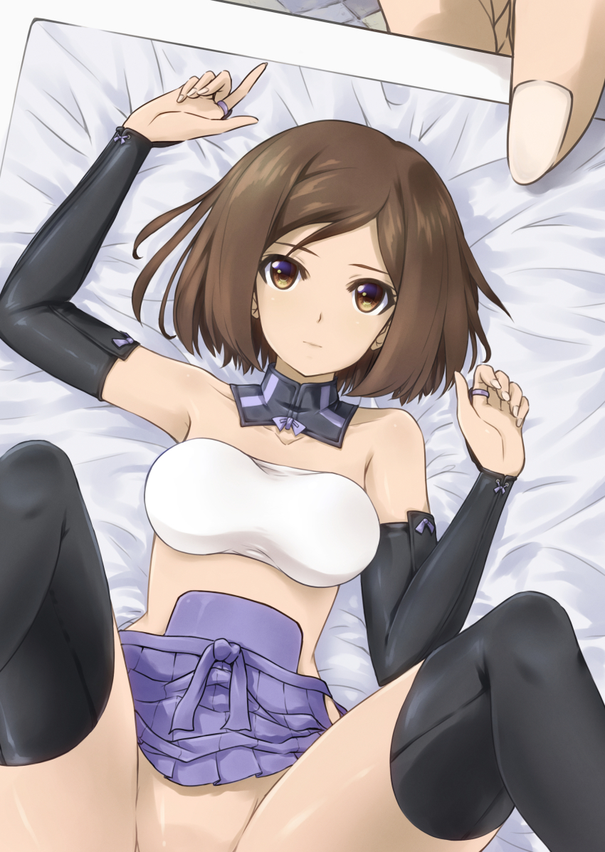 1girl absurdres bare_shoulders black_thighhighs bottomless breasts brown_eyes brown_hair closed_mouth collarbone highres kuroda_kunika large_breasts looking_at_viewer lying memory_(prophet5) no_panties noble_witches on_back short_hair solo strapless thighhighs tube_top white_tube_top world_witches_series