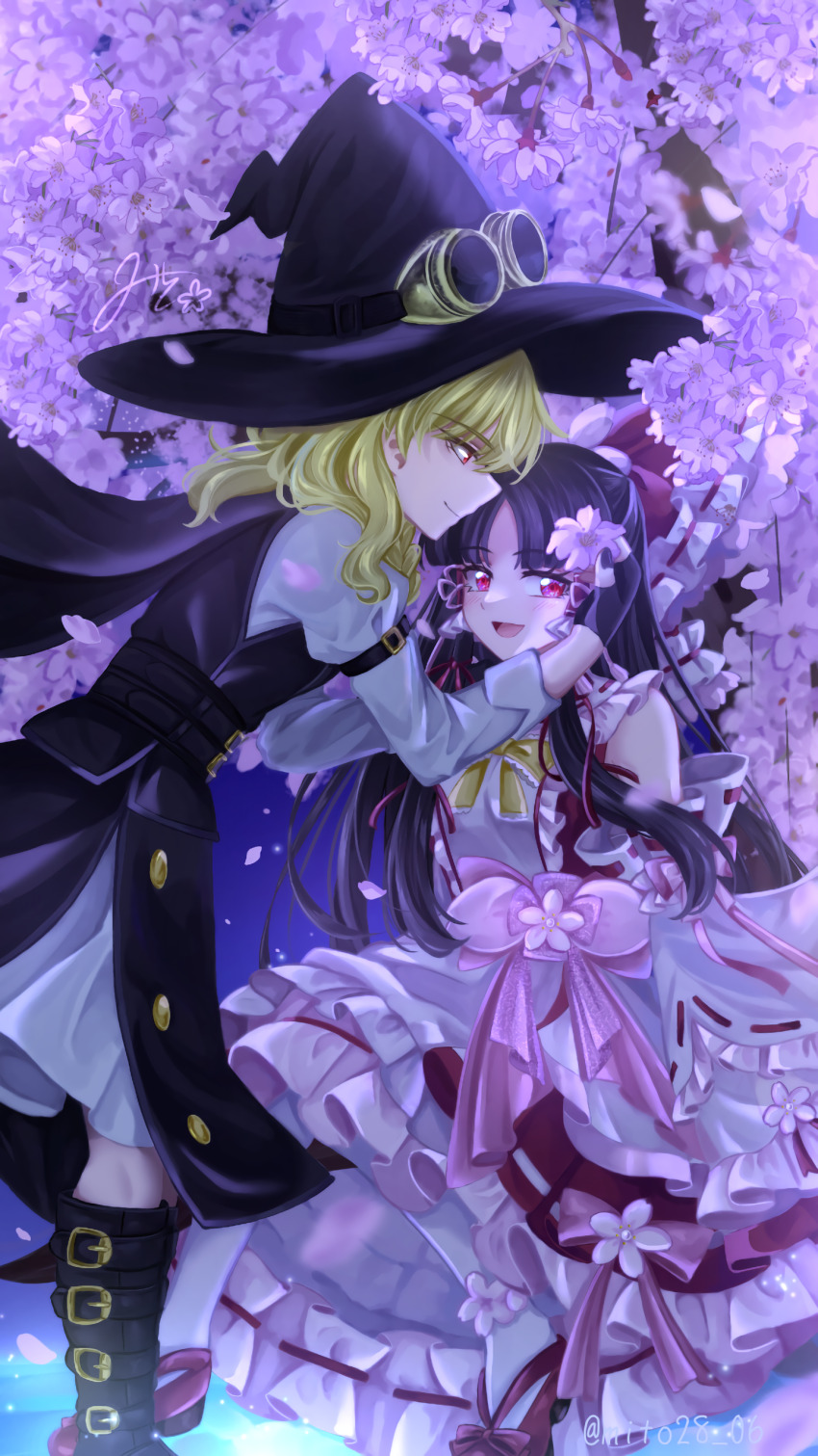 2girls absurdres adapted_costume black_boots black_gloves black_vest blonde_hair boots bow bowtie braid brown_hair cape cherry_blossoms closed_mouth commentary_request detached_sleeves eyewear_on_headwear falling_leaves fingerless_gloves flower frilled_bow frilled_hair_tubes frills gloves hair_bow hair_flower hair_ornament hair_tubes hakurei_reimu hat highres kirisame_marisa knee_boots leaf long_hair mito_(fate) multiple_girls open_mouth pantyhose pink_flower pink_petals red_bow red_eyes red_skirt ribbon-trimmed_sleeves ribbon_trim side_braid signature single_braid skirt smile touhou twitter_username very_long_hair vest white_pantyhose witch_hat yellow_bow yellow_bowtie yuri